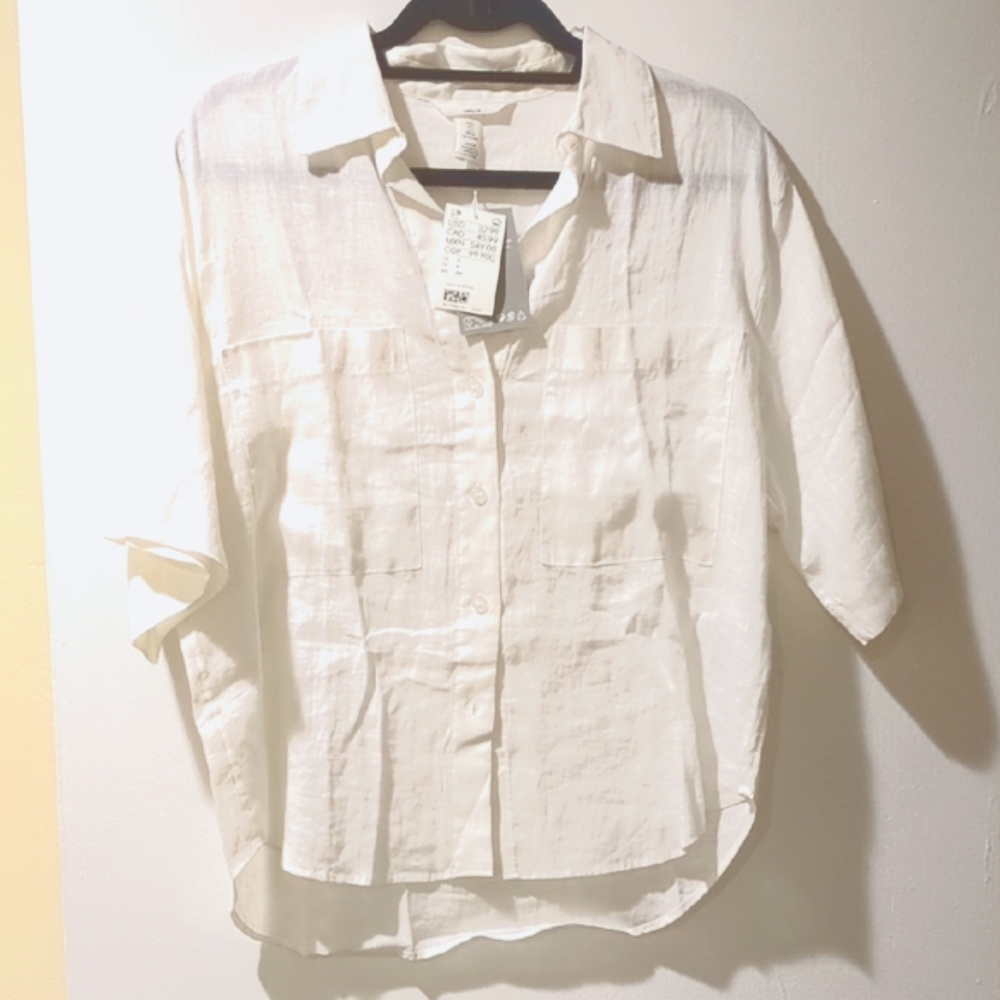 H&M NWT Button-Up Linen Shirt in White Small S